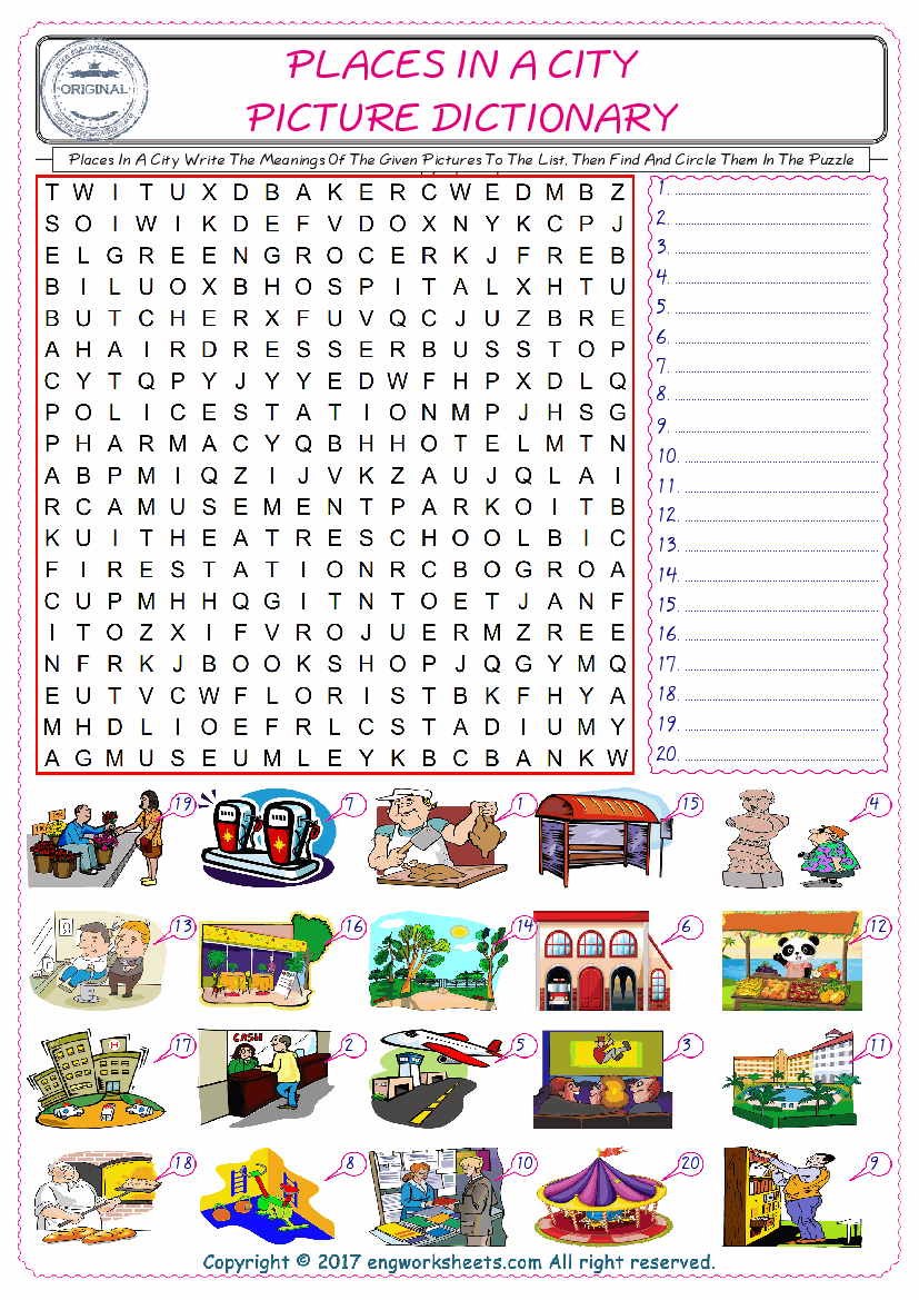  For kids, check the picture of Places In A City find, and write the word and find it in the word puzzle ESL printable worksheet. 